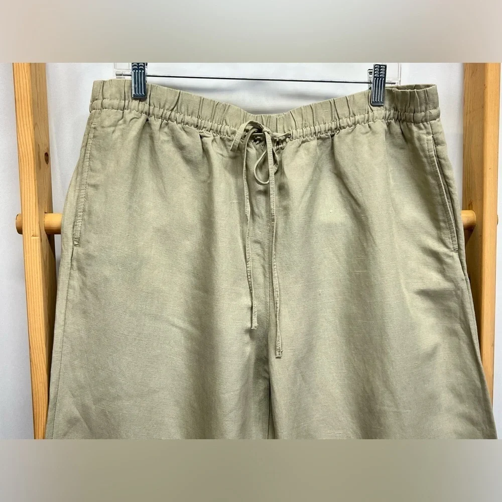 H&M Khaki drawstring waist Linen blend wide leg pants size L.